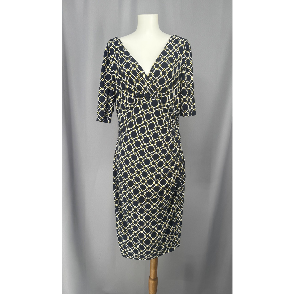 Lauren Ralph Lauren Dress Womens 10 Blue Geometric Ruched V Neck 3/4 Sleeve